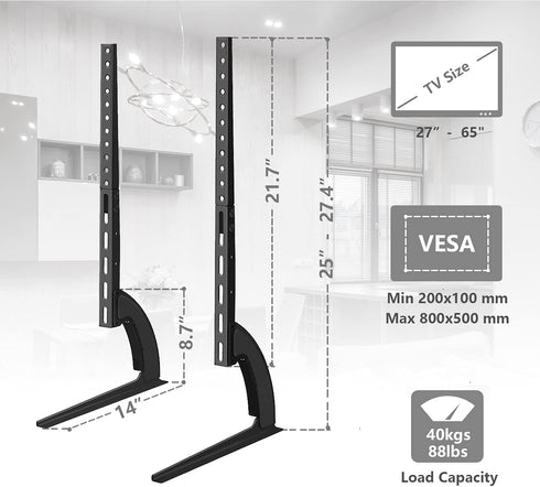 Universal Table Top TV Stand for Most 27 30 32 37 40 43 47 50 55 60 65 inch Plasma LCD LED Flat or Curved Screen TVs with Height Adjustment, VESA Patterns up to 800mm x 500mm, 88 lbs
