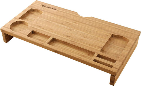 SONGMICS Monitor Stand Riser with Storage Organizer Office Computer Desk Laptop Cellphone TV Printer Stand Desktop Container Bamboo Wood Natural ULLD201