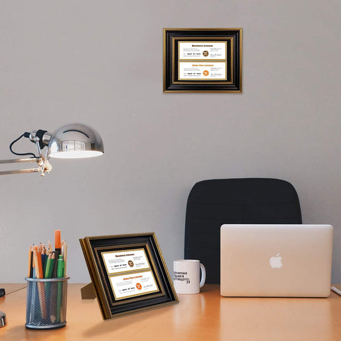 Space Art Deco, 8.5x11 for Business License Frame, Black Over Gold Double Mat with Two 4x9 Business License Openings, Easel Stand, Sawtooth Hanger (Black/Ornate Gold Design)
