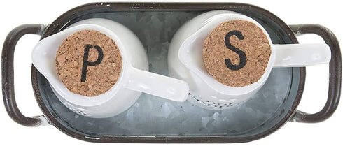 Mud Pie Farmhouse Inspired Ceramic Aluminum Salt and Pepper Caddy Set, One size, White