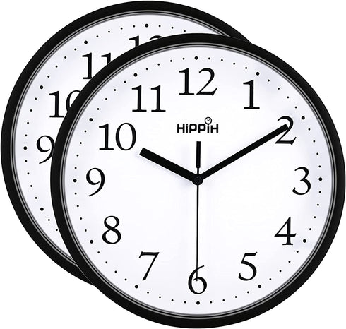 Hippih Black Wall Clock Silent Non Ticking Quality Quartz, 10 Inch Round Easy to Read for Home Office School Clock 2 Pack