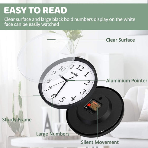 Hippih Black Wall Clock Silent Non Ticking Quality Quartz, 10 Inch Round Easy to Read for Home Office School Clock 2 Pack
