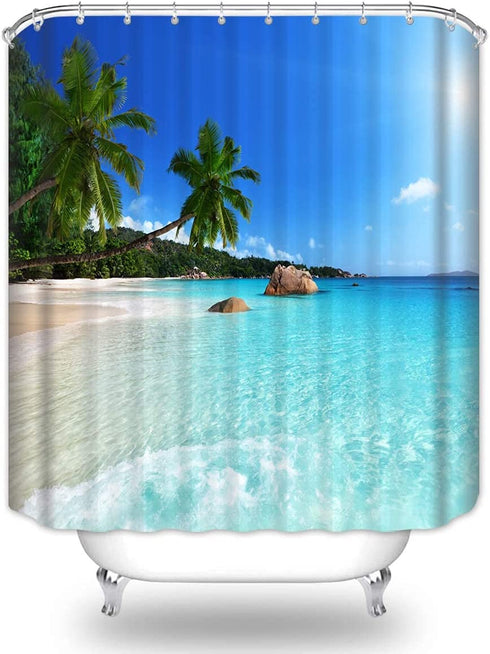 BIYSUC Ocean Beach Shower Curtain Blue Sky Tropical Sunshine Sand Sea Wave Plam Trees Beautiful Seaside Scene Fabric Waterproof Polyester Fabric Bathroom Decoration 72x72 Inch with 12pcs Plastic Hooks