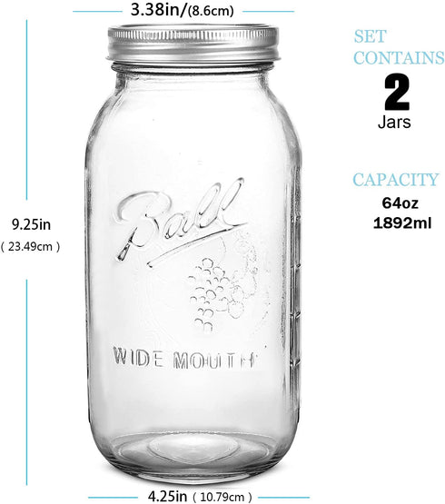 Wide Mouth Mason Jars 64 oz 2 Pack Half Gallon Mason Jars with Airtight Lid and Band, Large Clear Glass Mason Jars for Canning, Fermenting, Pickling, Storing