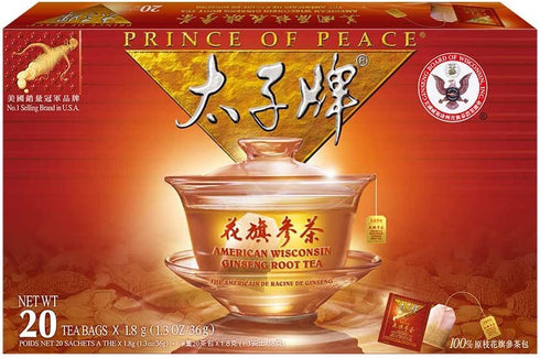 Prince of Peace American Ginseng Root Tea, 20 Tea Bags Premium Wisconsin Ginseng American Ginseng Tea Bags Top Grade Ginseng Tea Pure American Ginseng Root