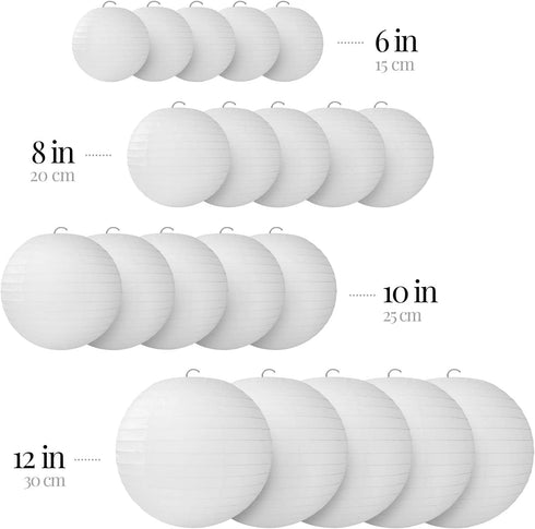 Avoseta Paper Lanterns - 20 Piece Set - Party Decorations in Sizes of 6", 8", 10", 12" (5 of Each, White)
