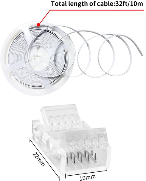 RGBZONE 32.8ft 5 Pin RGBW Extension Cable Wire Cord and 5Pack 5 Pin RGBW LED Light Strip Connectors Strip to Wire Quick Connection for 10mm Wide Waterproof or Non-Waterproof 5050 LED RGBW Strip Light