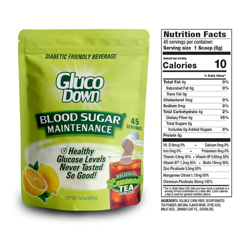 GLUCODOWN, Maintain Healthy Blood Sugar, Delicious Lemon Tea Mix, Diabetic Friendly, 45 Servings, Resealable Package.