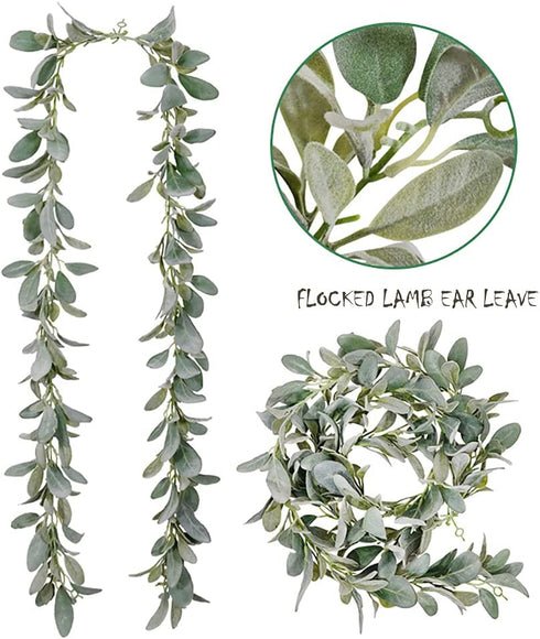 MULTI CANDY Artificial Flocked Lambs Ear Garland,Soft Faux Vine Greenery, Farmhouse Mantle Decor,DIY Home Decoration Vine