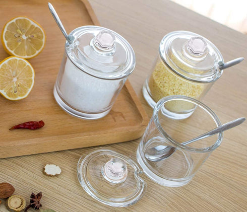 123Arts Glass Sugar Bowl Spice Jar Seasoning Pots with Lid Spoon
