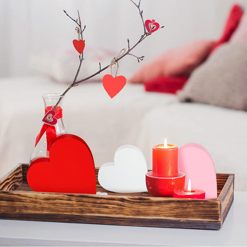 3 Pieces Valentine's Day Heart Wood Sign Heart Tray Decor Love Heart Shape Home Decor Freestanding Red Pink White Heart Table Decorations for Valentines Day Wedding Party