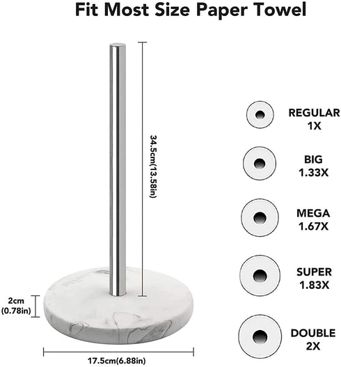 Topsky Paper Towel Holder, Paper Roll Stand Countertop, Stainless Steel Standing Tissue Roll Dispenser Rack with Marble Look Base for Scrunchies Kitchen Table fits Standard and Jumbo Size Paper Towels