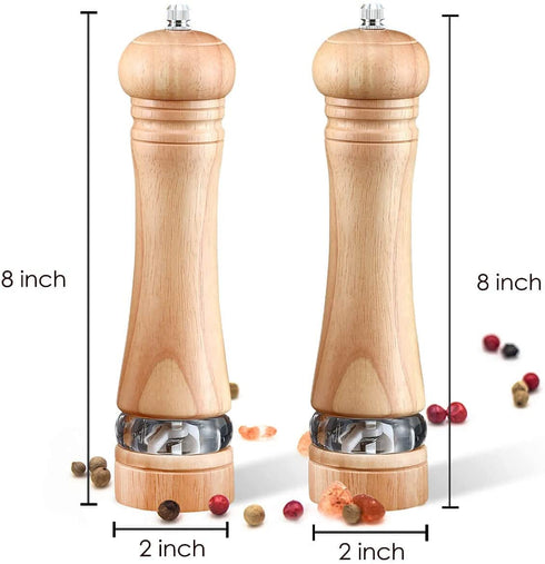 2-Piece Salt and Pepper Grinder Set, Wooden Salt and Pepper Mills with Adjustable Coarseness, Refillable Manual Pepper Mill Grinder for Home Cooks (8 inch)