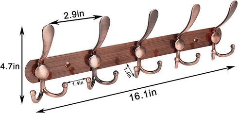 PHINGEER Wall Mounted Coat Rack, Heavy Duty Coat Rack with 5 Tri Metal Hooks, Stainless Steel Coat Hooks for Hanging Coats , Jacket, Hanger, Hat, Bag, Towel, Purse (Antique Copper, 2 Packs)