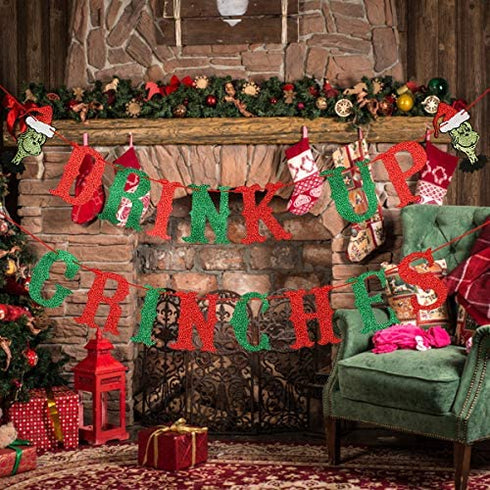 Drink Up Grinches Banner Red and Green Glitter- Christmas Party Supplies, Grinch Christmas Decorations, The Grinch Christmas Decorations, Christmas July Party Decorations,Grinch Backdrop, Grinch Decorations for Home Office Mantel