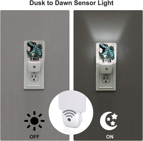 Dinosaur Tyrannosaurus T Rex Set of 2 Night Light Auto Sensor Dusk to Dawn Energy Efficient Plug in Led Nightlight Home