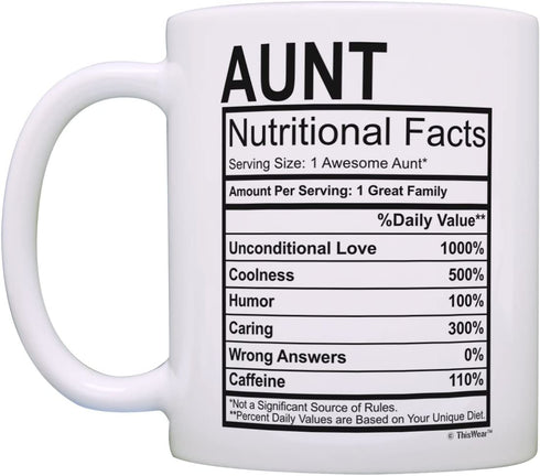 Mothers Day Gifts for Aunt Nutritional Facts Label Funny Gifts for Aunt Gag Gift Coffee Mug Tea Cup White