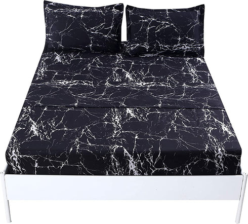 MAG Black Marble Full Size Super Soft Microfiber Bed Sheet 4PC Marble Bedding Sheet Set with 1 Flat & 1 Fitted Sheet with 2 Pillow Shams , 12? Deep