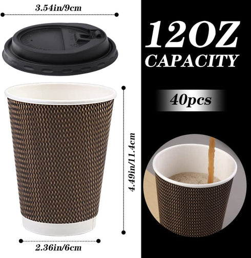 HSSUGI 12 Oz Premium Insulated Ripple Paper Coffee Cups,40 Packs Paper Coffee Cups with Lid,Disposable Paper Cups .To Go Paper Coffee Cups for Drink,Travel,Home and Office