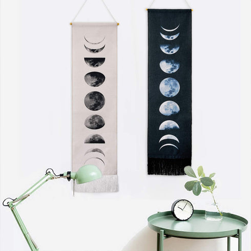 Tapestry Wall Hanging Tapestries Nine Phases of the Full Growth Cycle of the Moon Wall Tapestry Cotton Linen Wall Art, Modern Home Decor (Black + White Moon Phase Change, 12.99" x 52.75")