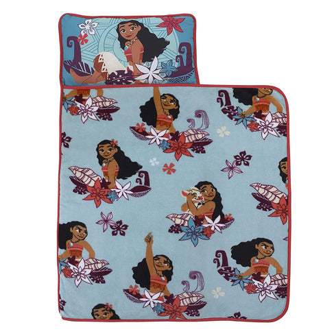 Disney Moana Feel The Waves Aqua, Coral & Violet with Pua Pig & Tropical Flowers Toddler Nap Mat, Aqua, Orange, Purple, White