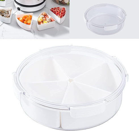 Round Plastic Divided Serving Tray with Lids, Snack fruit tray, 5 Compartment Round Food Storage Lunch Organizer, food storage lunch storage box, vegetarian candy snack party appetizer tray