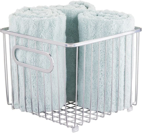 mDesign Metal Bathroom Storage Organizer Basket Bin - Farmhouse Wire Grid Design - for Cabinets, Shelves, Closets, Vanity Countertops, Bedrooms, Under Sinks - Square, 2 Pack - Chrome