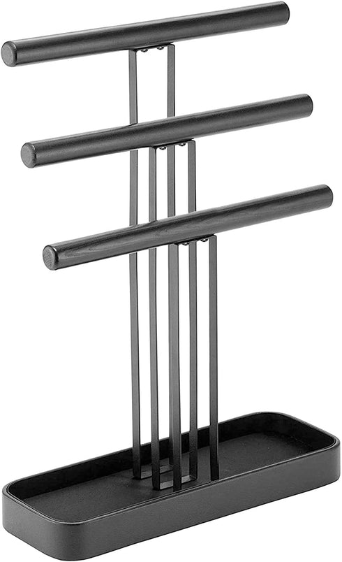 JackCubeDesign Wood 3 Tier Jewelry Display Stand Tree Organizer Bracelet Necklace Holder Rack Hanger Tower with Leather Earring Ring Tray Storage Tabletop(Black, 12 x 4.5 x 15.8 inches) :MK413A