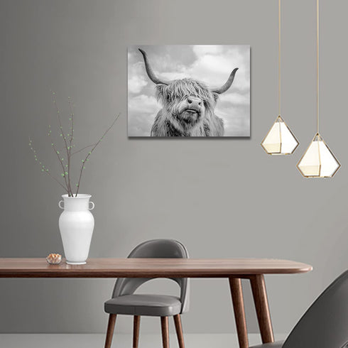 Highland Cow Black and White Canvas Wall Art Animal Print Pictures Highland Cattle Photo Framed Farmhouse Painting 12x16 inches for Home Decor