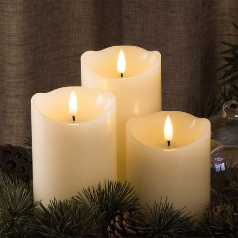 Eywamage Real Wick Wax Flameless Candles with Remote Set of 3, Electric LED Pillar Candles Battery Operated Ivory Timer Fake Candles, 3 Inch Diameter 4 5 6 Inch Tall