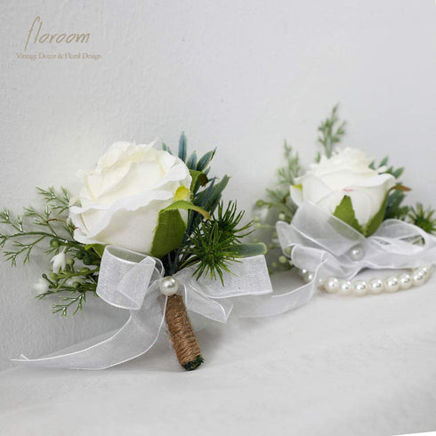 Floroom Ivory Rose Wrist Corsage Wristlet Band Bracelet and Men Boutonniere Set for White Wedding Flowers Accessories Prom Suit Decorations