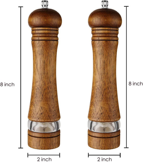 2-Piece Salt and Pepper Grinder Set, 8 Inch Wooden Salt and Pepper Mills with Adjustable Coarseness, Refillable Manual Pepper Mill Grinder for Home Cooks (Brown)