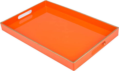 MAONAME Orange Serving Tray with Handles, Modern Decorative Tray for Coffee Table, Plastic Rectangular Tray for Ottoman, Bathroom, Decor, 15.75 x 10.2 x1.57