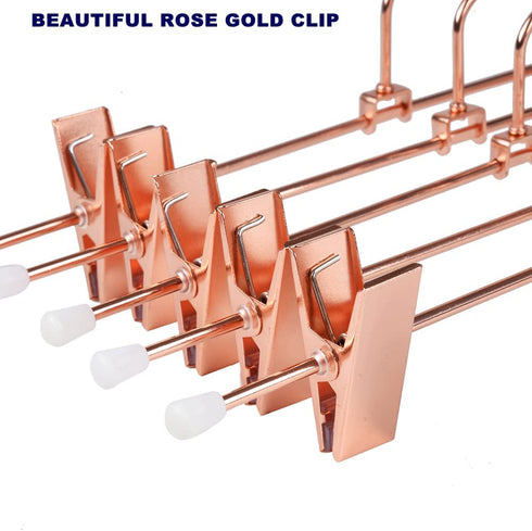 Amber Home 12 Pack Rose Copper Gold Metal Pants Skirt Hangers with Clips, Adjustable Clip Metal Trouser Hangers, Clip Hangers for Jeans Pants Heavy Duty (12 Pack)