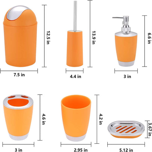 6 Piece Bathroom Accessories Set,Plastic Bath Ensemble Bath Set Lotion Bottles, Toothbrush Holder, Tooth Mug, Soap Dish, Toilet Brush, Trash Can (Orange)