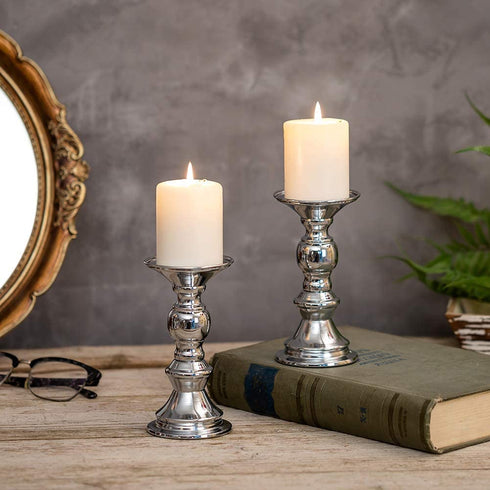 Nuptio Silver Pillar Candle Holders, Wedding Centerpieces Metal Candle Holder for 2 inches Candles Stand Decoration Ideal for Weddings Special Events Parties Living Room, 4 Pcs