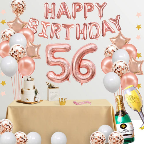 Fancypartyshop 56th Birthday Decorations - Rose Gold Happy Birthday Banner and Sash with Number 56 Balloons Latex Confetti balloons Ideal for Girl and Women 56 Years Old Birthday Rose Gold
