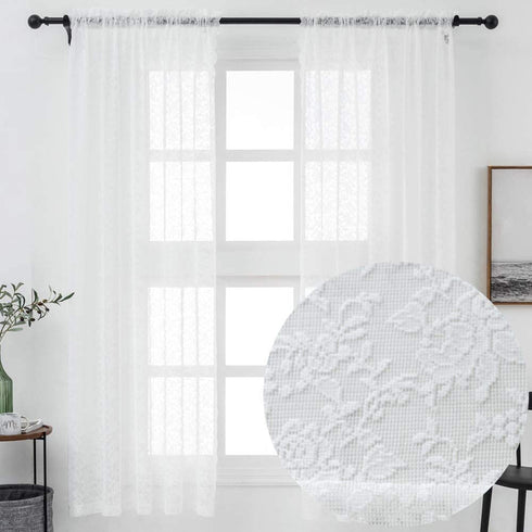 Pure White Floral Rose Knitted Woven Lace Sheer Curtains Panel 63 Long - Rod Pocket Vintage Window Sheer Lace Drapes for Living Room Curtains 52 x 63 inch Length, Set of 2 Panels