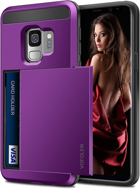 Vofolen Cover for Galaxy S9 Case Wallet Card Slot Holder Sliding Hidden ID Pocket Dual Layer Heavy Duty Protection Rugged Hard Shell TPU Bumper Armor Protective Case for Samsung Galaxy S9 (Purple)