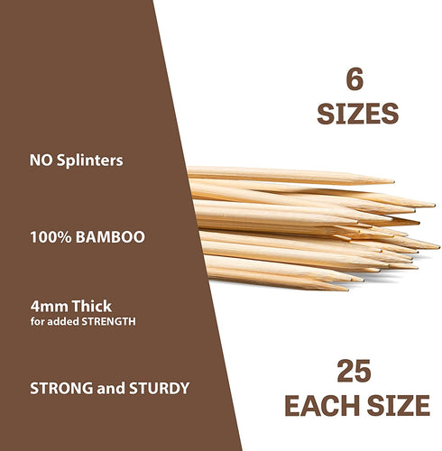150 Bamboo Skewers For Kabobs - 25 Pieces Of 6 8 10 12 14 & 16 Inch | Wooden Skewers | Kabob Sticks | Kabob Skewers For Grilling | Skewer Sticks | Kebab Skewers | Bbq Skewers | Smores Skewers