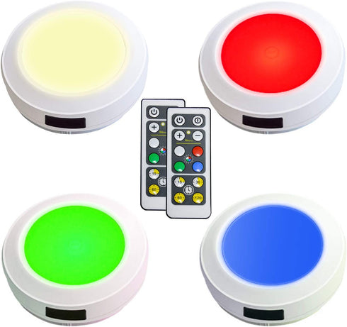 HONWELL Push Light Colored Puck Lights Remote Controlled Battery Operated RGB Fairy Lights Wireless Touch Lights Tap Light Dimmable Closet Cabinet Lights, Stick Voice Level Lights Classroom