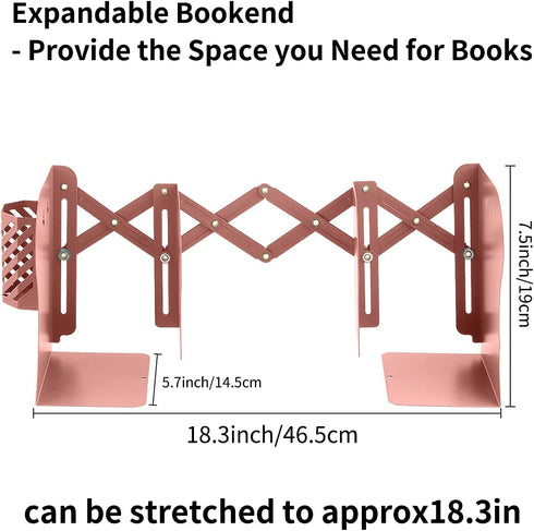 Expandable Bookend, Extra Long Telescopic Size Adjustable Bookends with Pen Holder, Metal Bookends Holder for Heavy Duty Books, Book Ends for Shelves & Office, Pink