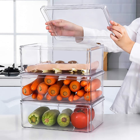 Set of 4 Fridge Storage Bins,Stackable Kitchen Pantry Cabinet, Freezer Food Organizer Box with Lid,Clear Plastic BPA Free Food Container for Kitchen Countertops, Refrigerator