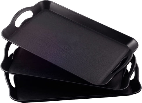 LEEHOWA 3 Pack 14 inches Plastic Tray with Handles Rectangle Serving Set, Multipurpose Waterproof, Non Slip Trays for Food, Parties, Coffee Table, Buffets, Breakfast(Black Wood Grain)