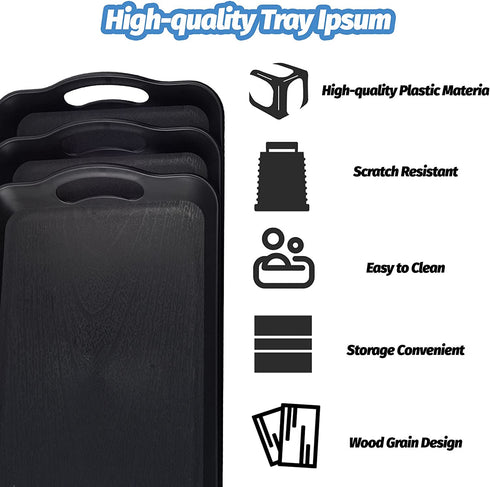 LEEHOWA 3 Pack 14 inches Plastic Tray with Handles Rectangle Serving Set, Multipurpose Waterproof, Non Slip Trays for Food, Parties, Coffee Table, Buffets, Breakfast(Black Wood Grain)