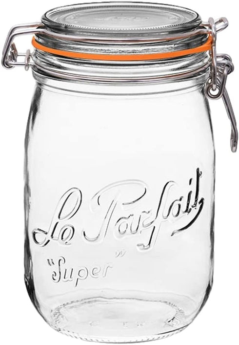 Le Parfait Super Jar - 1L French Glass Canning Jar w/Round Body, Airtight Rubber Seal & Glass Lid, 32oz/Quart (Single Jar) Stainless Wire