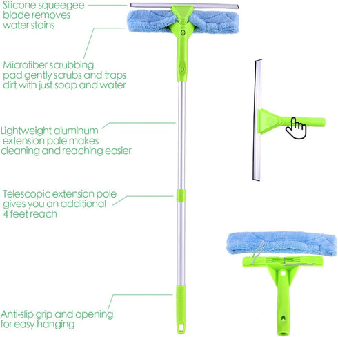 Window Squeegee Cleaner Scrubber 3 in 1 Professional Detachable Cleaning Kit Microfiber Brush and Rubber Scraper with Extension Pole for Glass Auto Mirrors