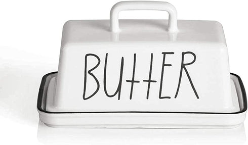 SWEEJAR Ceramic Butter Dish with Handle Lid, 7.3 Inch Porcelain Large Butter Keeper with Cover, Perfect for East/West Butter (White)