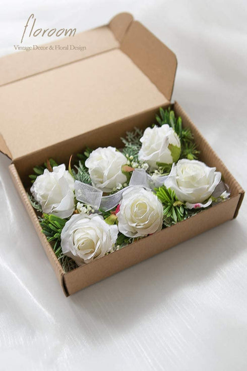 Floroom Set of 6 Ivory Rose Wrist Corsage Wristlet Band Bracelet for Women Bride Bridesmaid White Wedding Prom