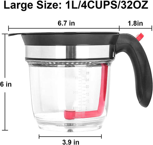 4-Cup Gravy Fat Separator With Bottom Release - Healthier Gravy, Soup, Stock And Oil Separator With Strainer 1L Grease Separator Cup Fat Skimmer For Cooking